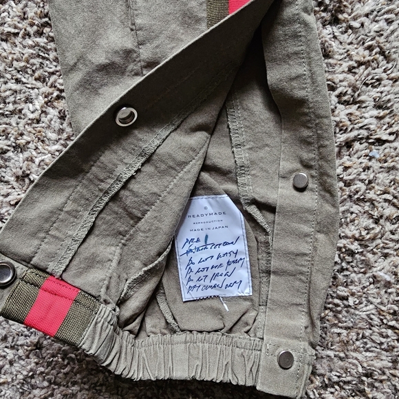 READYMADE Army green Khaki Red stripe clips on sides track pants joggers S-M - Picture 4 of 11